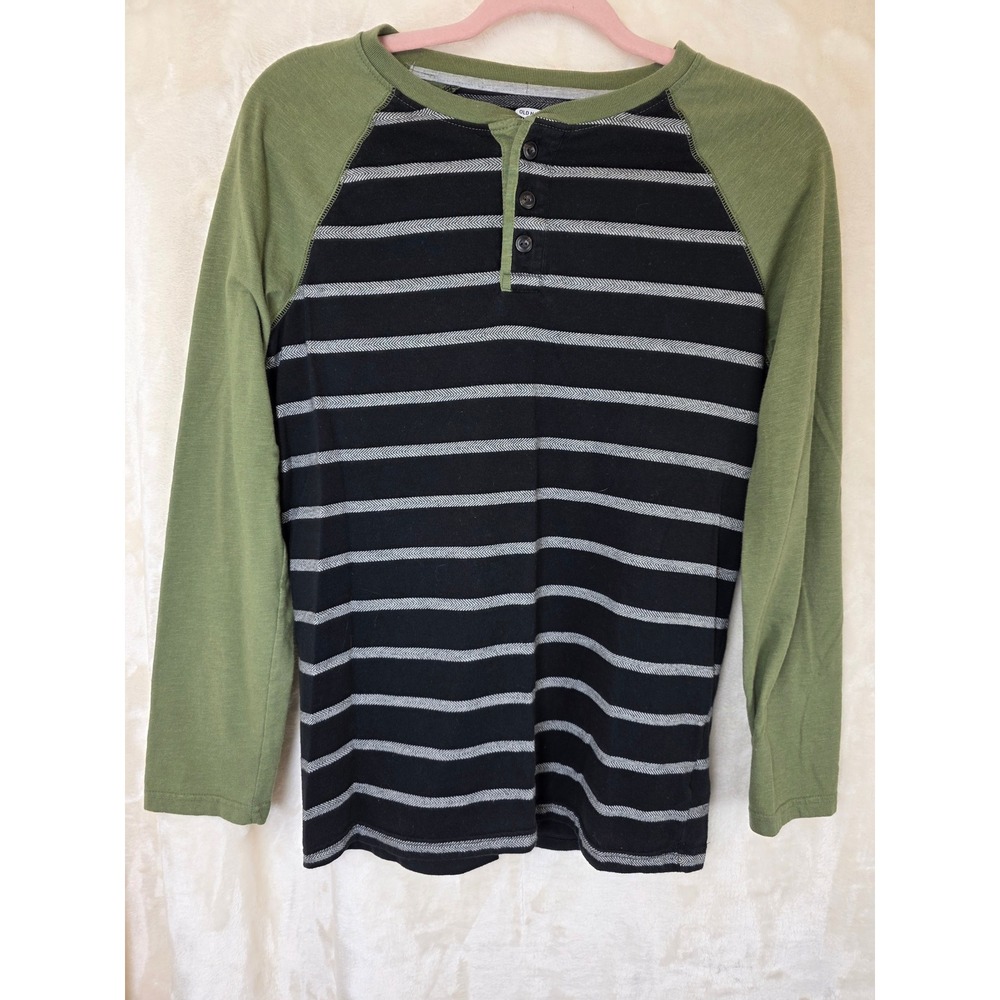 Old Navy Boys XXL 18 Henley Shirt Striped Raglan Long Sleeve Green Black